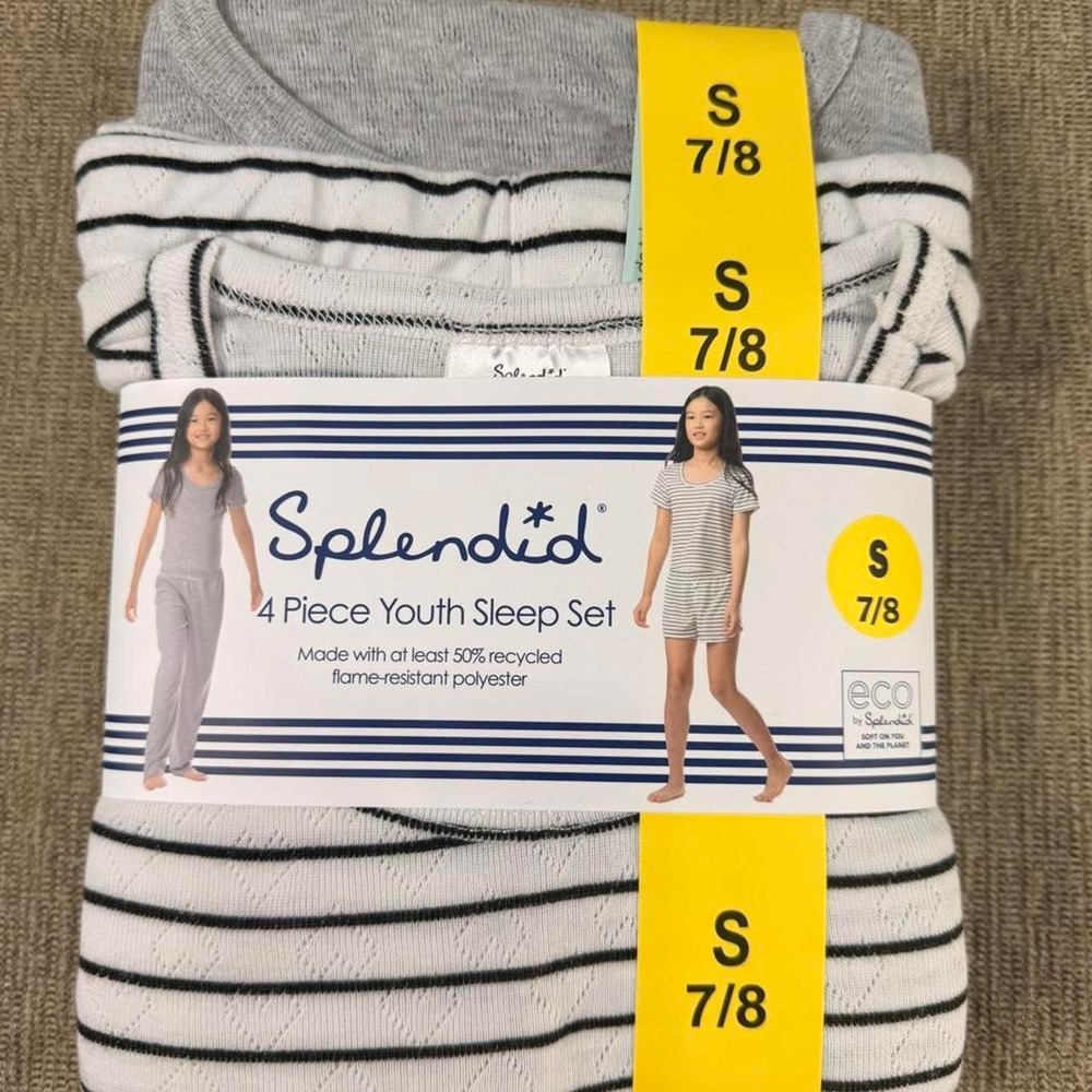 Splendid Girls 4-Piece Pajama Sleep Set Grey Striped Size S 7/8 NWT 1852496
